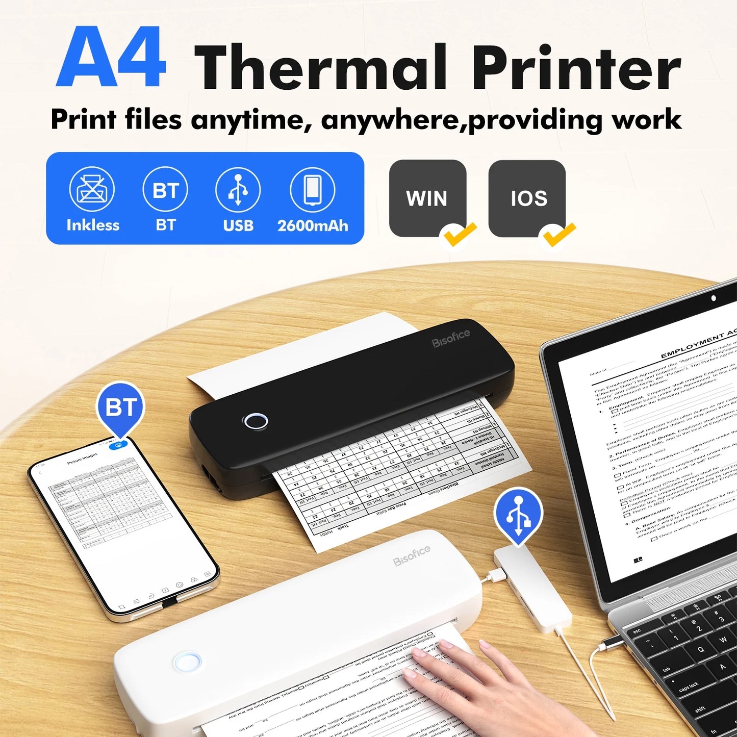 Portable Printer Wireless for Travel, Bluetooth Thermal Printer Compatible with Ios, Android, Laptop, Inkless Mobile Printer for Office, Home, School