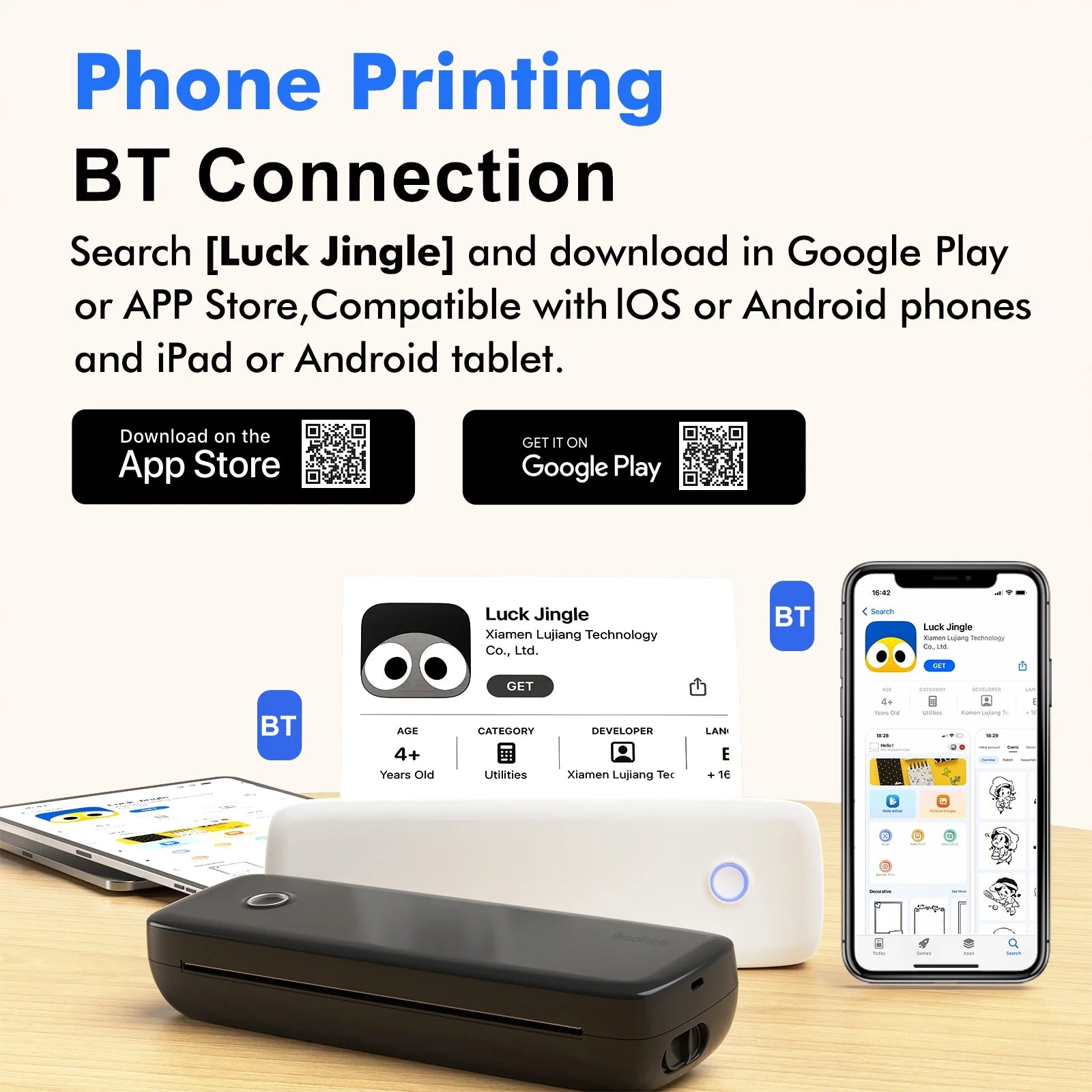 Portable Printer Wireless for Travel, Bluetooth Thermal Printer Compatible with Ios, Android, Laptop, Inkless Mobile Printer for Office, Home, School